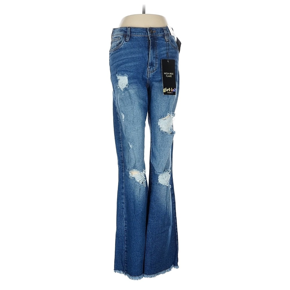 Girl-ish High Rise Flare Jeans Size 9/29 Distressed Kitten Wash Raw Hem